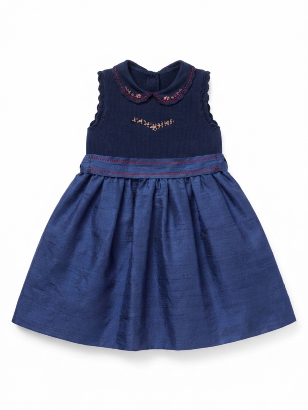 Vintage Toddler Navy Knit & Silk Dress w/ Floral Embroidery & Collar